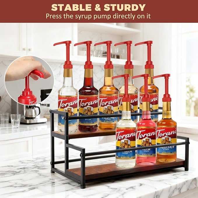 HRUSGO Coffee Syrup Rack Organizer - Metal Bottle Holder for 10 Bottles – Rustic Countertop Display Shelf for Coffee Bar, Kitchen Cabinet, Pantry Storage for Syrups, Liquor, Spice, Tea & Wine (2-Tier)