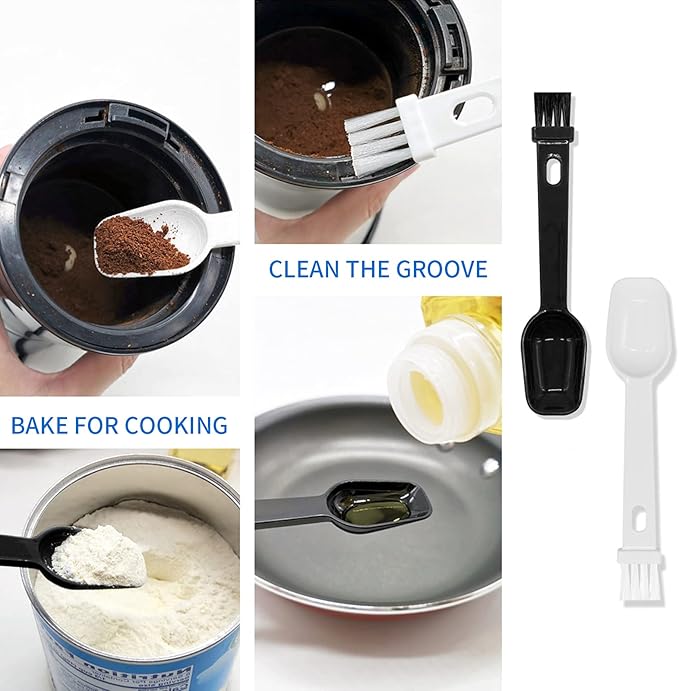 Coffee Spoon with Espresso Grinder Brush 4 PCS 2 in 1 Brush for Cleaning Espresso Machines & Scooping Tea Powder, Coffee Tool for Barista Home Kitchen Café (2 PCS White, 2 PCS Black)