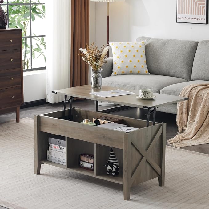 VINGLI Farmhouse Lift Top Coffee Table, Rustic Grey with Storage Shelf/Hidden Compartment, Mesa De Centro para Sala, Rustic Brown (Grey, 40" L)