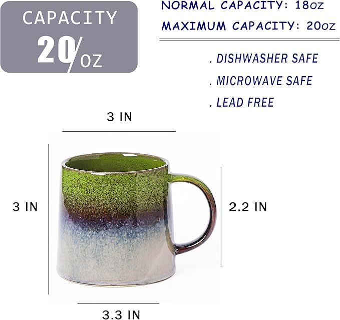 Mkour 20oz Large Ceramic Coffee Mugs, Handmade Cup, Big Tea Cups with Large Handle for Office and Home, Microwave and Dishwasher Safe (Light Green)