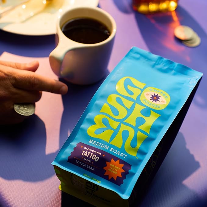 Goshen Coffee Roasters Ground Old School Tattoo House Blend | Medium Roast, Brewed or Espresso | Award-Winning, Natural and Washed | Caramel, Nutty, Orange Flavors | 12 Oz Bag