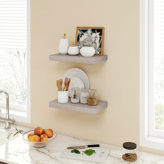 16 Inch Floating Shelves, 9.3" Deep Floating Shelf Wall Mounted, 16" Wall Shelves, Rustic Deep Bookshelf, Large Display Shelves & Storage Shelves for Bedroom, Living Room, Grey, Set of 2