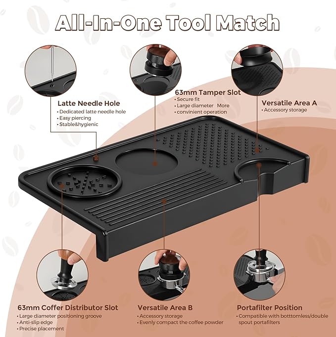 CARROTTIMES Espresso Tamper Mat, 10.43″×5.63″ Food Grade Silicone Coffee Tamping Mat for Barista, Espresso Machine, Multi-Slot Design for Portafilter&Accessories,7mm Thickened Pad for Counter