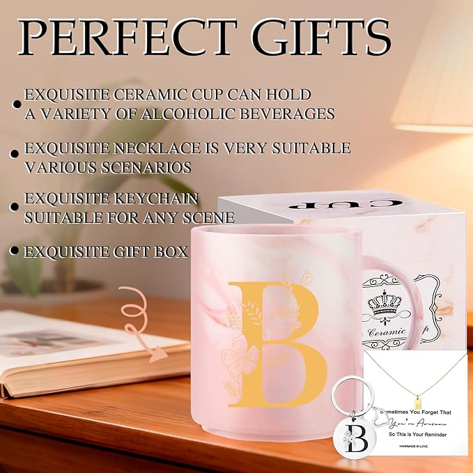Monogrammed Christmas Gifts for Women, 11 oz Initial Ceramic Coffee Tea Mug with Necklace, Unique Birthday Gift for Her Wife Teacher Friend Mom, B