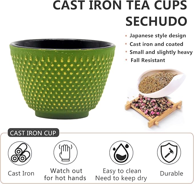 Japanese Cast Iron Tea Cups, Small and Heavy Teacups with no Handles, Japanese Style Cup for Adults, Asian Teacups, Coated with Enameled Interior, 4 Pcs/Box (Green, 3.38oz/100ml)
