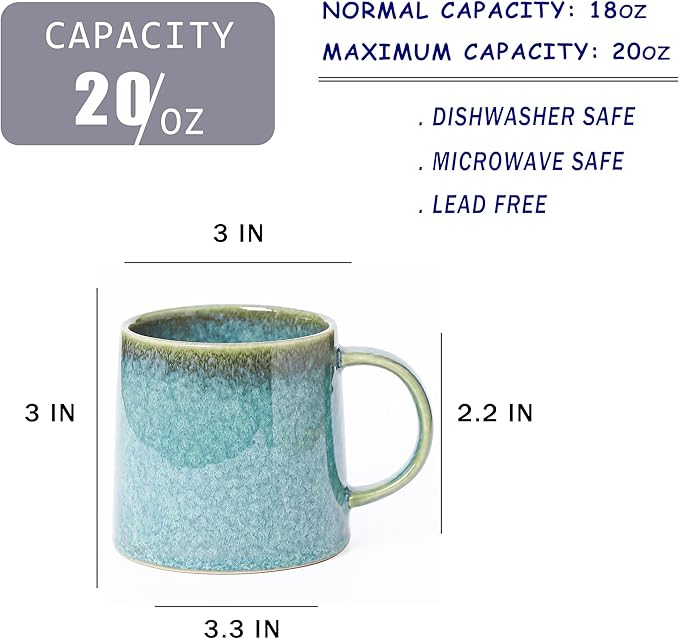 Mkour 20oz Large Ceramic Coffee Mugs, Handmade Cup, Big Tea Cups with Large Handle for Office and Home, Microwave and Dishwasher Safe (Crystal Green)