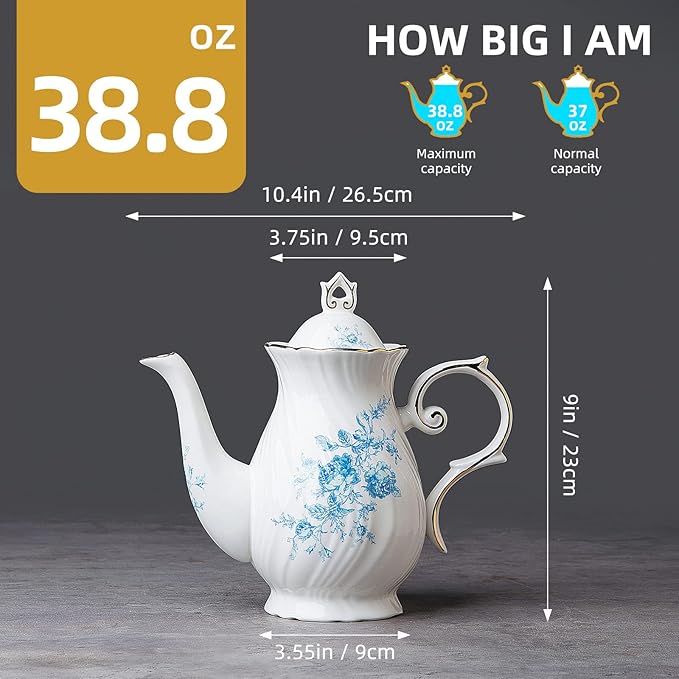tea pot ceramic, Porcelain teapot with lid, 38.8 Oz for Tea, Milk, Coffee, Flower tea(Blue)