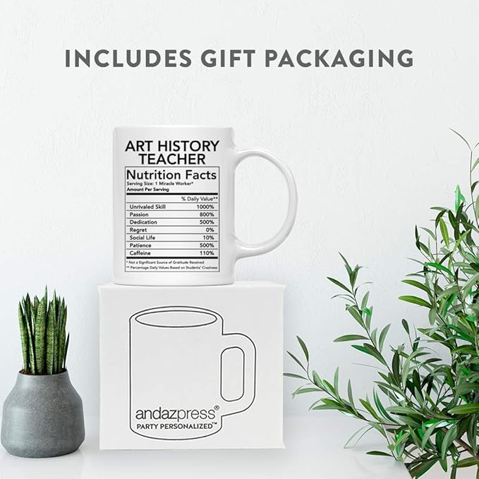 Andaz Press Funny 11oz. Ceramic Coffee Tea Mug Thank You Gift, Art Teacher Nutritional Facts, 1-Pack, Novelty Gag Birthday Christmas Gift Ideas Coworker