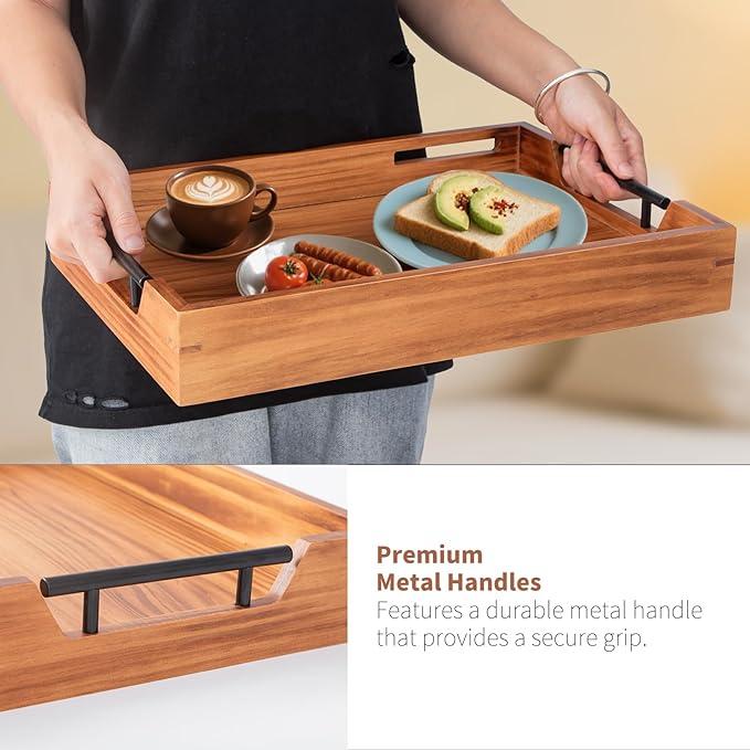 Wood Serving Tray with Handles, 17"x12" Rustic Wooden Trays Decorative Coffee Table Tray for Ottoman, Living Room Decor, Breakfast Food Trays in Bed, Kitchen Food Tray