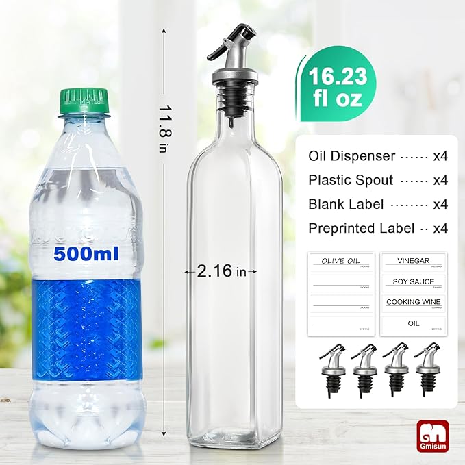 GMISUN Olive Oil Dispenser for Kitchen, 4 Pack 17 fl oz Glass Oil Dispensers Bottle, Cooking Soy Sauce Bottle Container Cruet with Plastic Pourer Spout, Funnel and Labels, Clear
