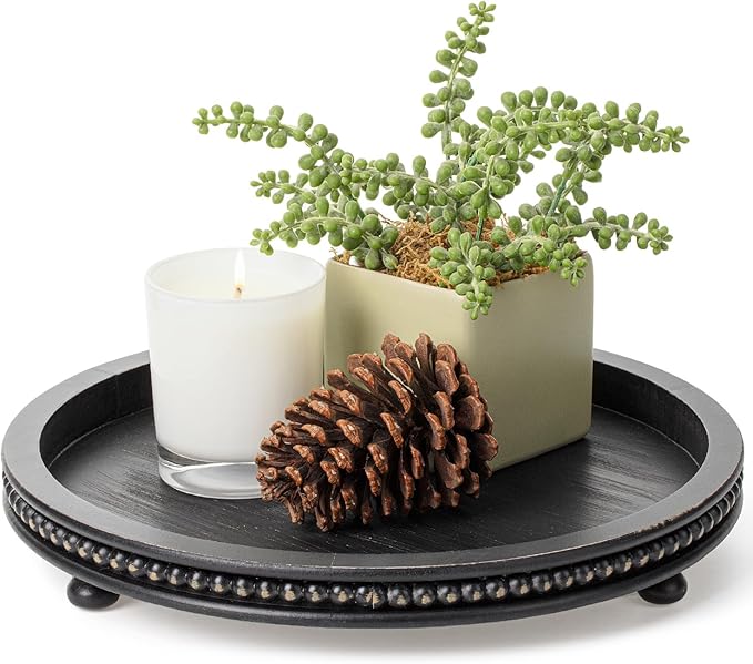 Bamboo Land- Round Decorative Trays for Coffee Table, 12", Black, Wood Tripod & Beaded Design, Wooden Round Tray for Coffee Table