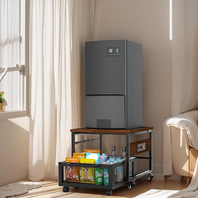Mini Fridge Stand with Storage and Wheels, Heavy Duty Mini Fridge Table with Power Outlets for 220LBS Refrigerator, Rolling Fridge Cart with Large Capacity Drawer for Dorm,Office,Bedroom (Retro Brown)