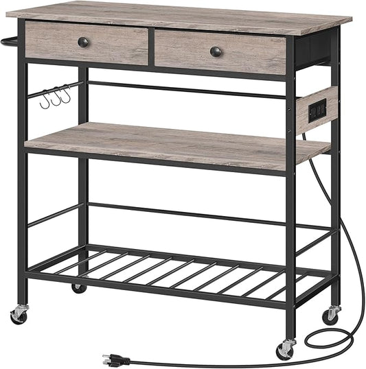 HOOBRO Kitchen Island with Storage, Rolling Island Cart for Kitchen with 2 Drawers & Outlet, 3 Tier Coffee Station and Microwave Stand, Kitchen Island Table for Home, Greige BG08UZD01