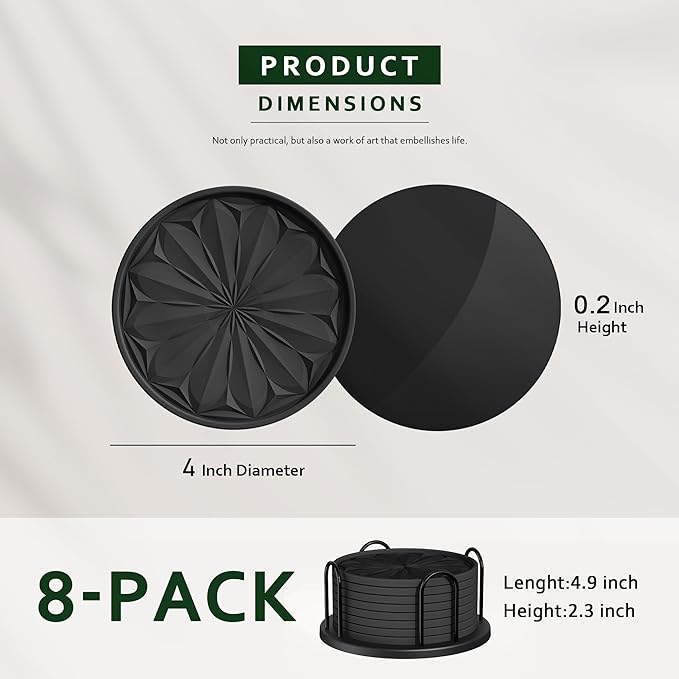 Coasters Set of 8 for Drinks with Holder, 4" Large Silicone Coasters for Coffee Table, Deep Tray Non-Slip Drink Coasters for Table Protection, Heat Resistant & Dishwasher Safe, Black