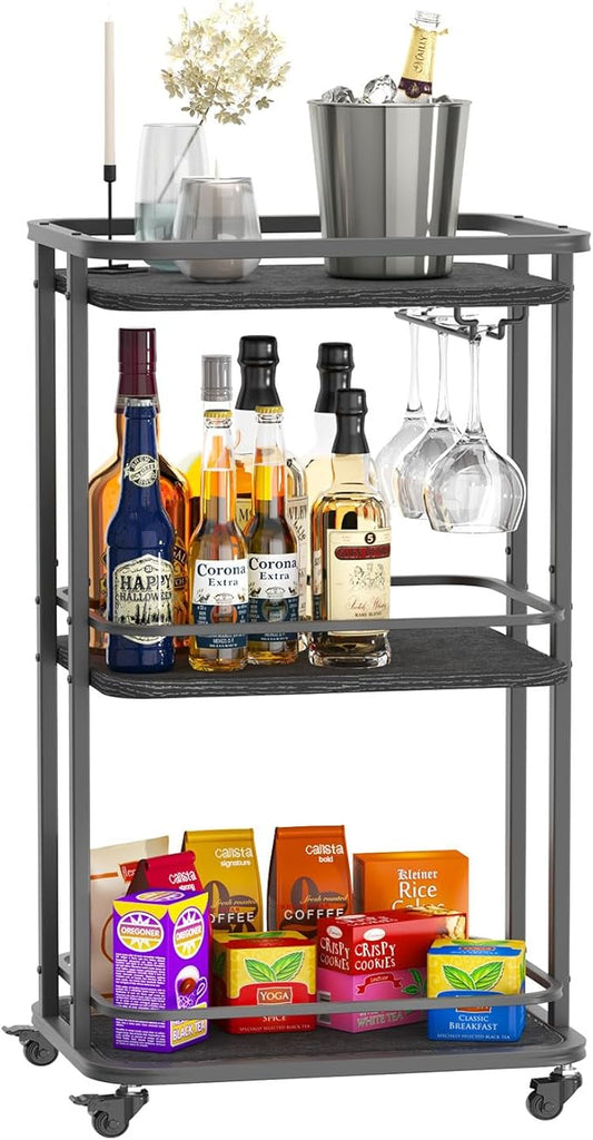 IBUYKE 3-Tier Home Bar Serving Cart,Kitchen Storage Carts with Wheels,11.79x15.72x33.01 inches,Rolling Mini Bar Cart for Home, Outdoor, Kitchen, Bedroom TMJ319B
