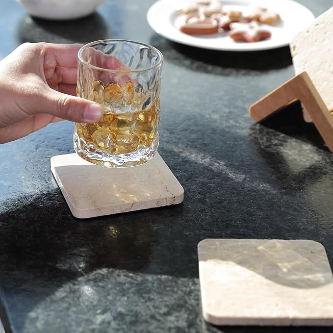 Koville Travertine Coasters Set of 5, Square Coasters with Holder for Drinks, 4" Cup Coaster for Coffee Table Home Office Bar Decor, Heat Resistant Natural Stone Drink Coaster(Beige)