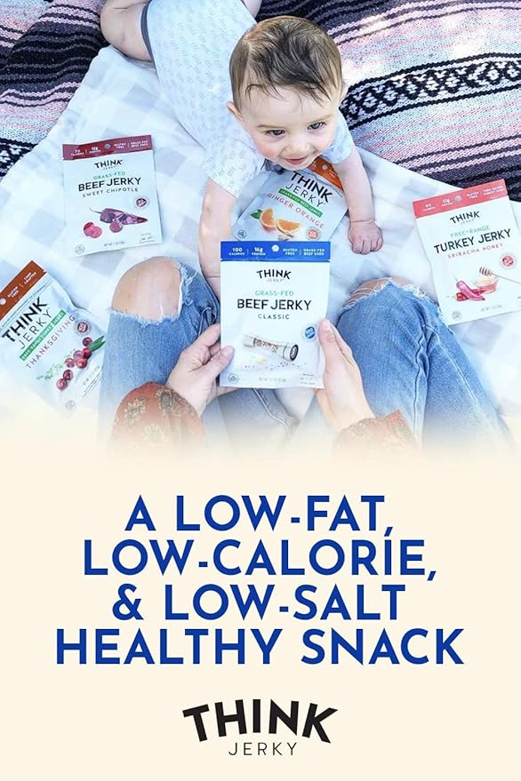 Think Jerky Classic Beef Jerky, Grass-Fed High Protein Beef Jerky, Gluten Free, No Antibiotics or Nitrates, Healthy Chef Crafted Recipe, Low Calorie and Low Fat - 2.2 oz Bags, 4 Pack