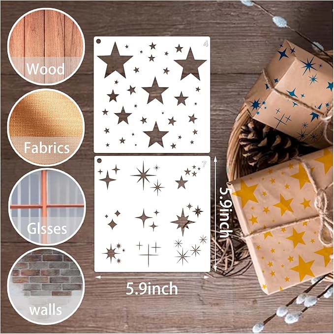 12 Pieces Sparkle Star Stencil Stars Background Craft Stencils Mixed Media Stencils for Painting on DIY Card Making Scrapbook Paper Fabric Pillows (12 Star)