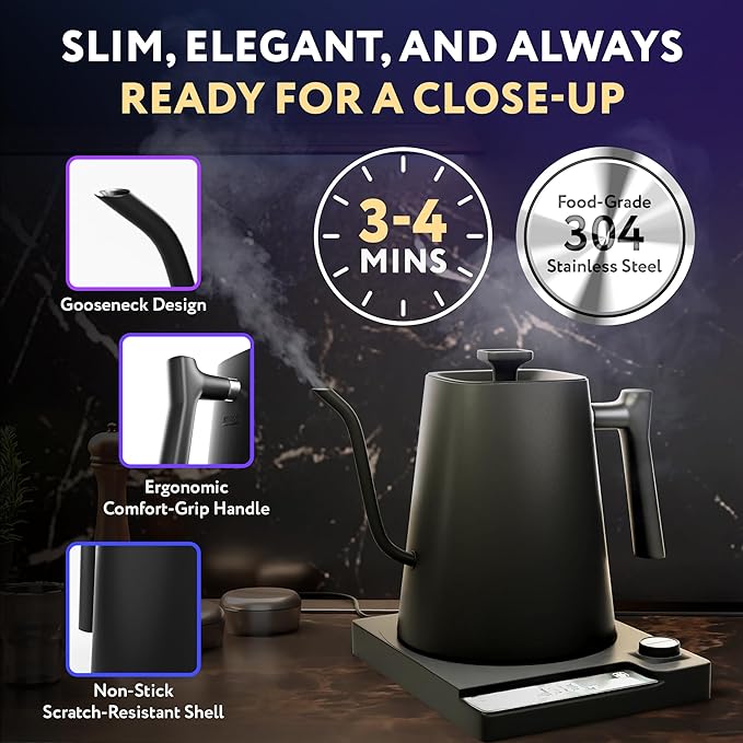 APQ Gooseneck Electric Kettle 30 Oz. Auto Shut-Off Black 1200 W Temperature Control 0.9 L Rapid Heating With LED Display