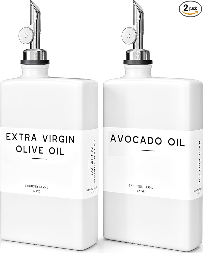 Luxury Glass Olive Oil Dispenser Bottle for Kitchen by Brighter Barns - Oil and Vinegar Bottles, Simple Syrup Dispenser for Coffee Bar Decor - Neutral Kitchen Decor for Cafe (White/Silver, Set of 2)
