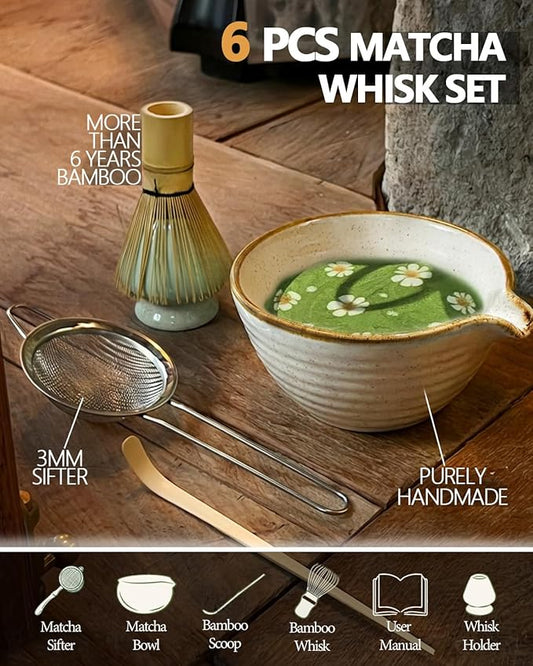 Matcha Whisk Set with Matcha Bowl, Matcha Whisk Holder Matcha Bamboo Whisks, Scoop, Sifter, Funny Gifts for Women Mom Her Girl Friend Home Kitchen Decor Gifts for Tea Enthusiasts Christmas