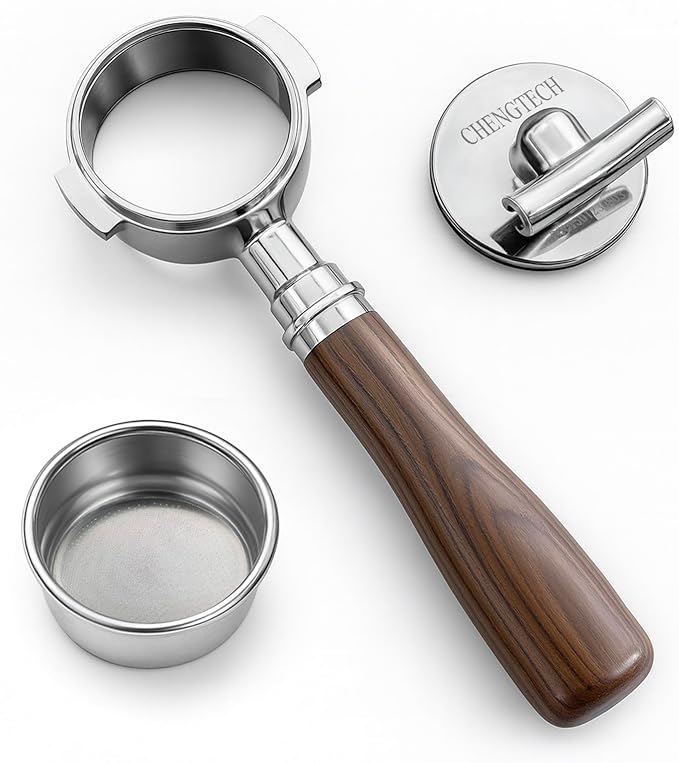 Espresso Accessories, 58mm Bottomless Portafilter with Detachable Double Spout, Dual-Layer Micro-Sift Basket (718 Holes), Walnut Wood Handle, Fits E61 Group Head Espresso Machines