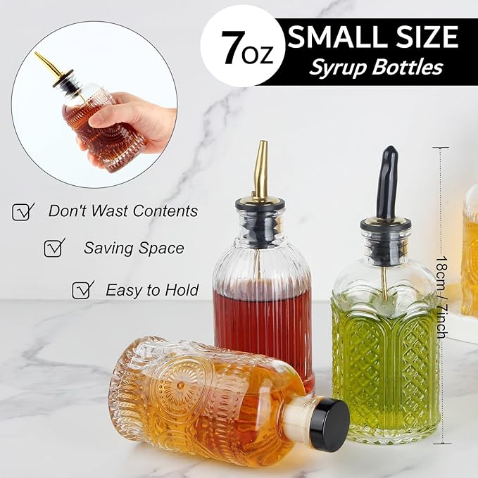 Simple Syrup Bottles Set of 6, Glass Coffee Syrup Dispenser Bottles 7 OZ With Metal Pour Spout, Labels and Stopper, Glass Syrup Dispenser for Maple Honey Syrup Oil and Sauces, SC060