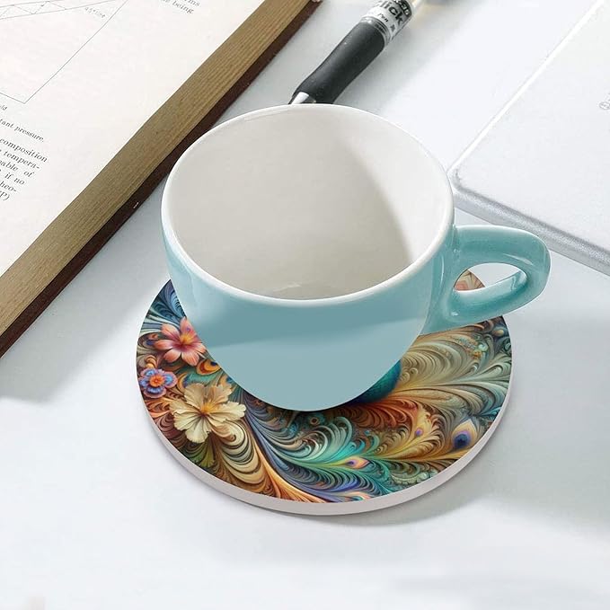 Round-4PCS Peacock Ceramic Coasters, Round Absorbent Drink Coasters, Beautiful Colorful Floral Peacock Art Pattren Ceramic Table Coasters for Coffee, Beverage, Wine, Beer Coasters