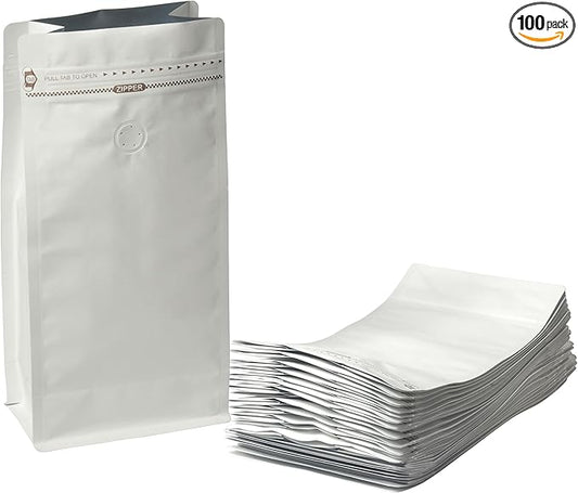 White Kraft Coffee Bags with Side Gusset, Resealable Stand-Up Coffee Pouches with Side Zipper, Degassing Valve for Coffee (Size: 5.75 x 13.25", 32oz/2lb, Pack of 100)