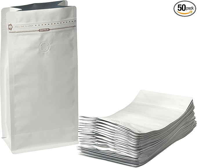 White Kraft Coffee Bags with Side Gusset, Resealable Stand-Up Coffee Pouches with Side Zipper, Degassing Valve for Coffee (Size: 5.75 x 13.25", 32oz/2lb, Pack of 50)