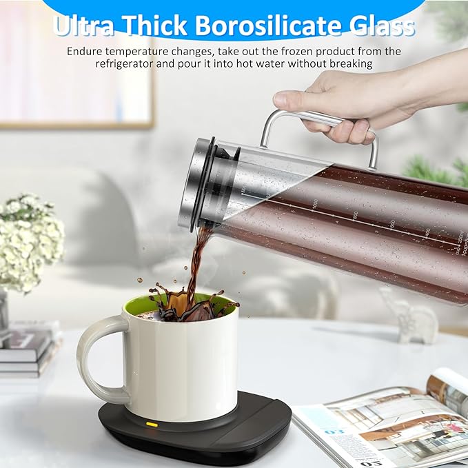 Cold Brew Coffee Maker 1.4L/48oz - Glass Pitcher Thick Glass Cold Brew Coffee Pitcher with Stainless Steel and Silicone Filter and Airtight Lid for Home Kitchen Cafe