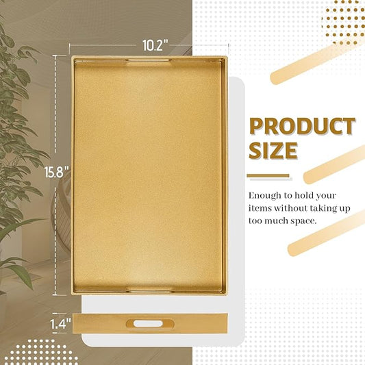 MAONAME Gold Decorative Tray for Coffee Table, Modern Serving Tray with Handles, Plastic Ottoman Trays for Living Room, Bathroom Decor, 15.8" L x 10.2" W x 1.4" H