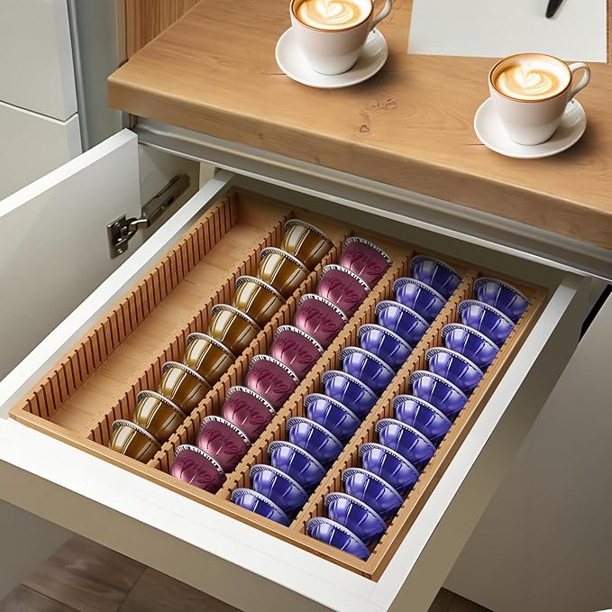 Bamboo Coffee Pod Storage Holder Drawer Insert K Cup Holder Pod Organizer Compatible with Nespresso Vertuo Vertuoline Capsules for Kitchen, Home, Office, Coffee Station Counter