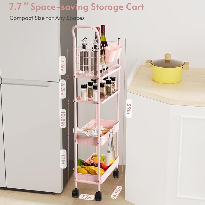 danpinera 4 Tier Slim Cart with Wheels, 7.7’’ Metal Skinny Rolling Storage Cart on Wheels for Kitchen, Bedroom, Office, Laundry Room, Small Narrow Spaces with Hooks and Cups, Pink