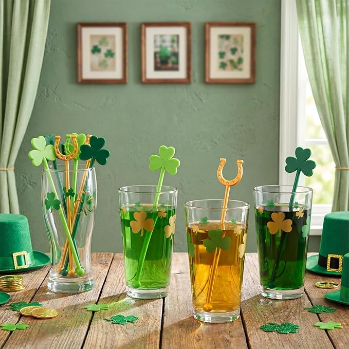 30 Pcs Saint Patrick's Day Drink Stirrers Irish Shamrock Stir Sticks Cocktail Drink 6" Plastic Swizzle Sticks Reusable Shamrock Stirrer for Coffee Beverage Party Bar Supplies (Stylish Style)