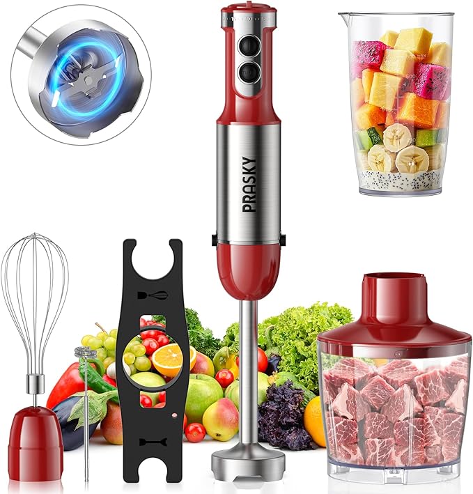 Immersion Blender Handheld Hand Blenders, 20 Speed & Turbo Mode Hand Held Blender, Heaviest Duty Copper Motor, Stainless Steel Blades, Milk Frother Wand, Whisk, 600ml Beaker, 500ml Chopper (Red)