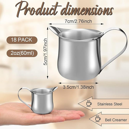 Honeydak Stainless Steel Bell Creamers Pitcher Mini Cup Container Espresso Shot Frothing for Serving Milk Coffee Cream for Restaurant Cafes Home (18 Pcs,2 oz)