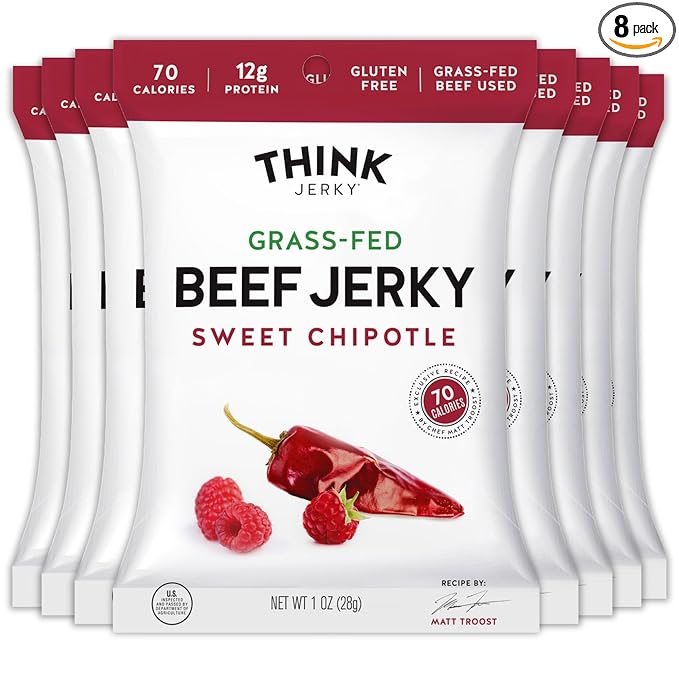Think Jerky Sweet Chipotle Beef Jerky, Grass-Fed High Protein Beef, Gluten Free, No Antibiotics or Nitrates, Healthy Chef Crafted Recipe, Low Calorie and Low Fat - 1.0 oz Bags, 8 Pack