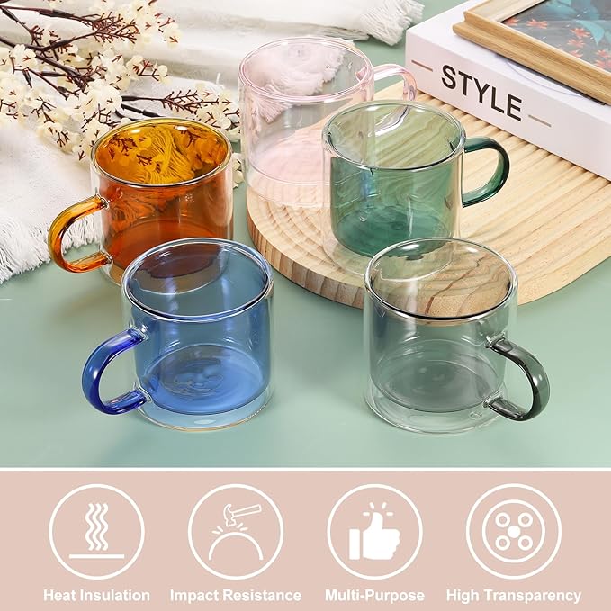 uxcell 8.4 oz Double Wall Glass Coffee Mugs, Glass Tea Cup with Widened Handles for Espresso Coffee, Cappuccino, Tea Bag, Latte, Hot Cold Beverages, Juice, Brown