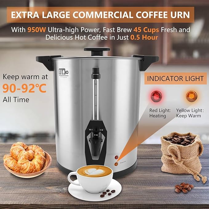 45 Cup 8L/2.11Gallon Commercial Coffee Urn, Festa Essential 950W Large Percolate Coffee Maker, Hot Beverage dispenser With Double Dripless Faucet,Quick-Brewing Hot Water Urn for Catering,Home,Events