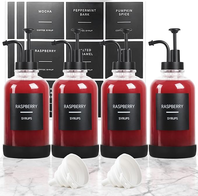 Coffee Syrup Dispenser for Coffee Bar, Set of 4 Non-Slip Glass Syrup Dispenser w. Labels and Silicone Sheath, 16.9 oz 500ml Syrup Pump Dispenser, Coffee Bar Accessories Simple Syrup Bottle w. Pump