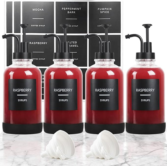Coffee Syrup Dispenser for Coffee Bar, Set of 4 Non-Slip Glass Syrup Dispenser w. Labels and Silicone Sheath, 16.9 oz 500ml Syrup Pump Dispenser, Coffee Bar Accessories Simple Syrup Bottle w. Pump