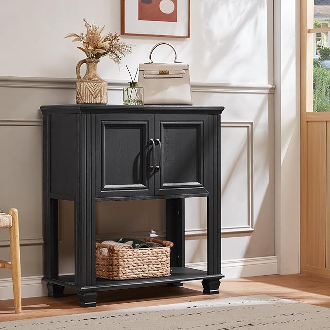 Farmhouse Coffee Bar Table with 2-Door Cabinet, Kitchen Storage Cabinets with Open Shelf, Coffee Station for Dining Room, Kitchen, Hallway, Living Room, Black