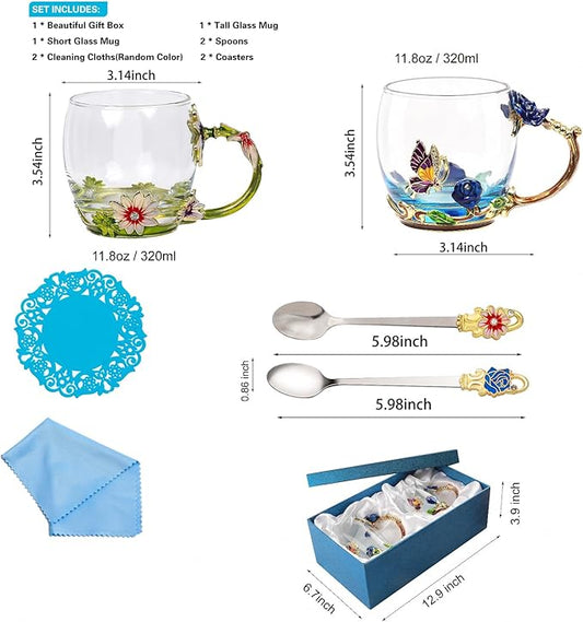 Tea Cup Glass Coffee Mugs,Fancy Tea Cup Set Birthday Christmas Valentine's Day Gift Idea for Tea Lover and Women Novelty Coffee Mugs Rose Flower Enamel Tea Cup Glass Mug with Spoon (Blue & Green)