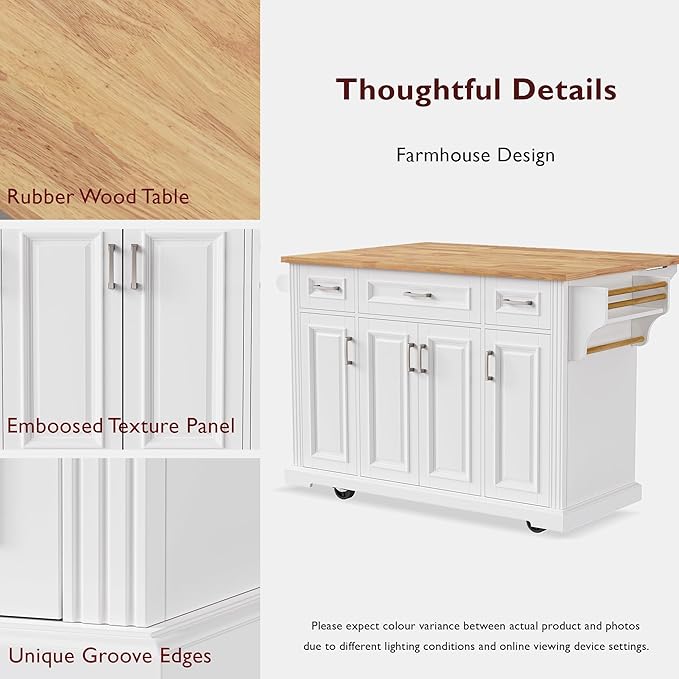 Yayzy Rolling Kitchen Island with Drop Leaf, 3 Drawers & 4 Cabinet Doors, 54” Mobile Kitchen Cart with Rubberwood Top, Side Storage Racks & Locking Wheels for Dining Room & Kitchen, White