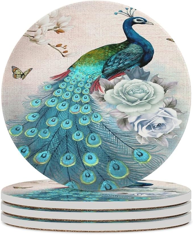 Round-4PCS Peacock Ceramic Coasters, Round Absorbent Drink Coasters, Vintage Tree Branch Beautiful Teal Peacock Floral Ceramic Table Coasters for Coffee, Beverage, Wine, Beer Coasters