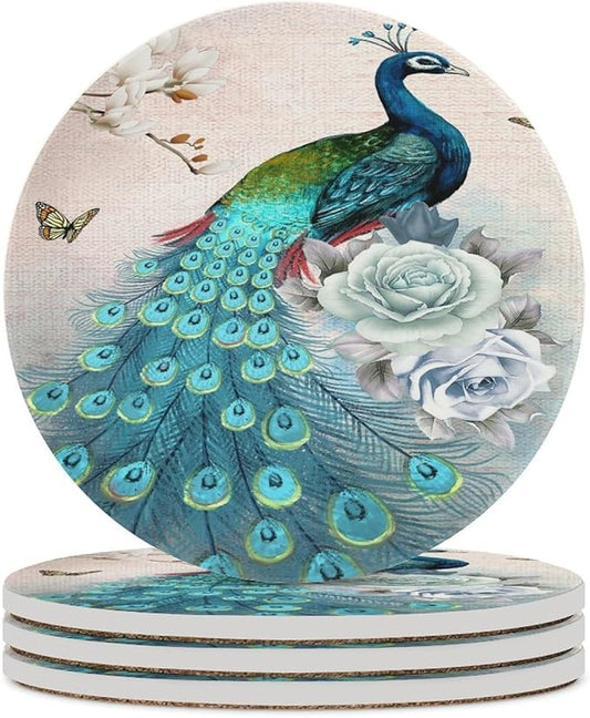 Round-4PCS Peacock Ceramic Coasters, Round Absorbent Drink Coasters, Vintage Tree Branch Beautiful Teal Peacock Floral Ceramic Table Coasters for Coffee, Beverage, Wine, Beer Coasters
