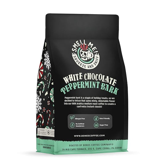Bones Coffee Company White Chocolate Peppermint Bark Flavored Coffee, Medium Roast Low Acid Arabica Beans Compatible with Auto drip and French Press Coffee Maker, 12 Oz Ground