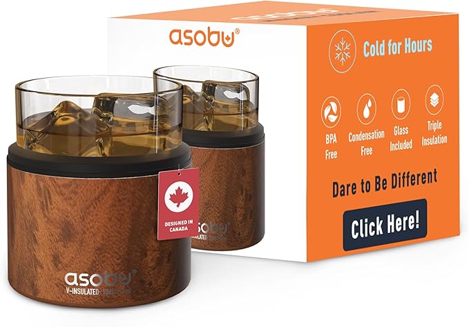 asobu Whiskey Sleeve Glass – Insulated Bourbon Tumbler with Premium Rocks Glass, BPA-Free, Double-Wall Stainless Steel, Keeps Drinks Cold Longer, 10.5oz