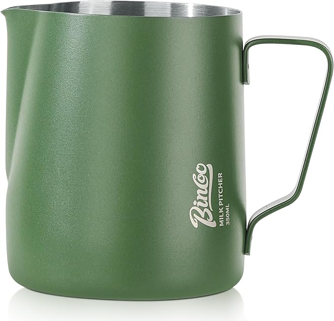 Milk Frothing Pitcher – Stainless Steel Latte Art Pitcher for Steaming and Frothing Milk – Espresso Coffee Milk Jug with Handle – Barista Tool for Latte, Cappuccino(Green-12oz)